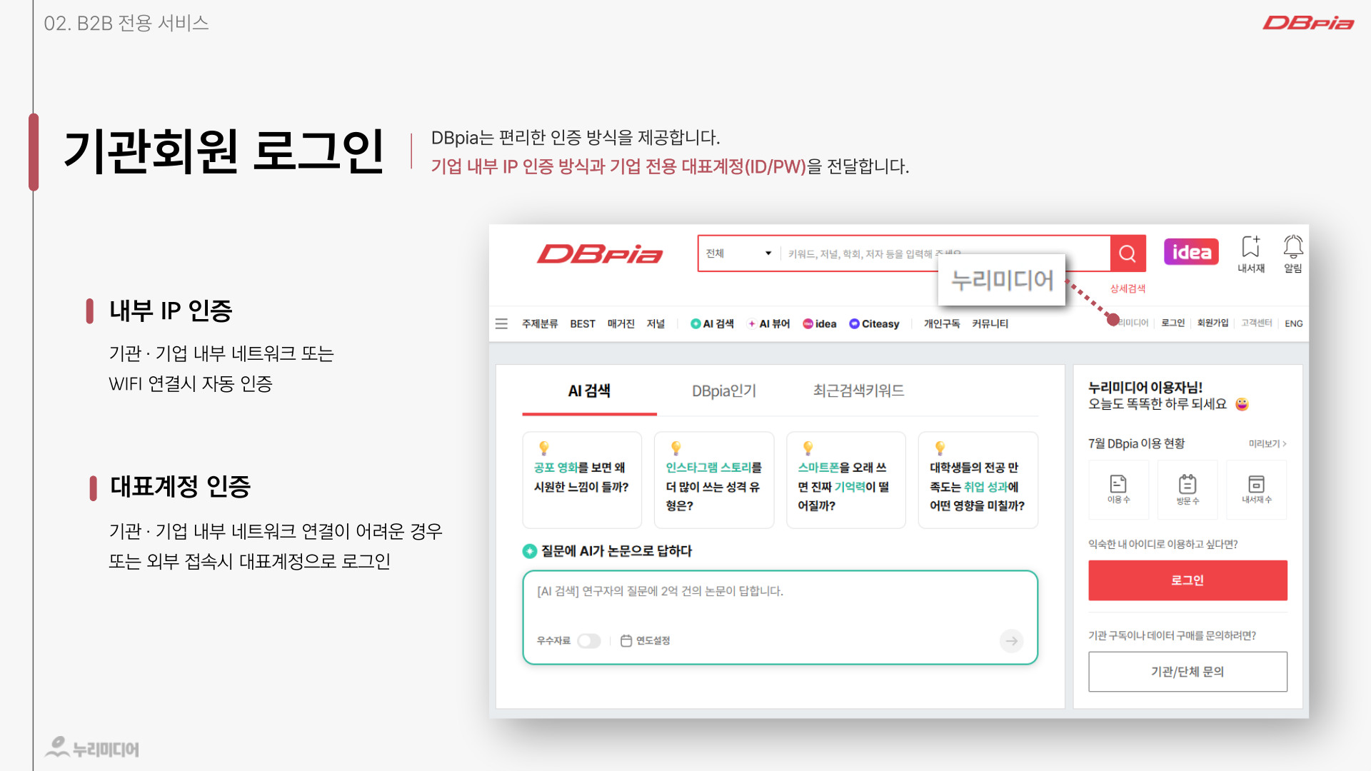 DBpia B2B 구독제안서 9페이지: 기관회원 로그인
