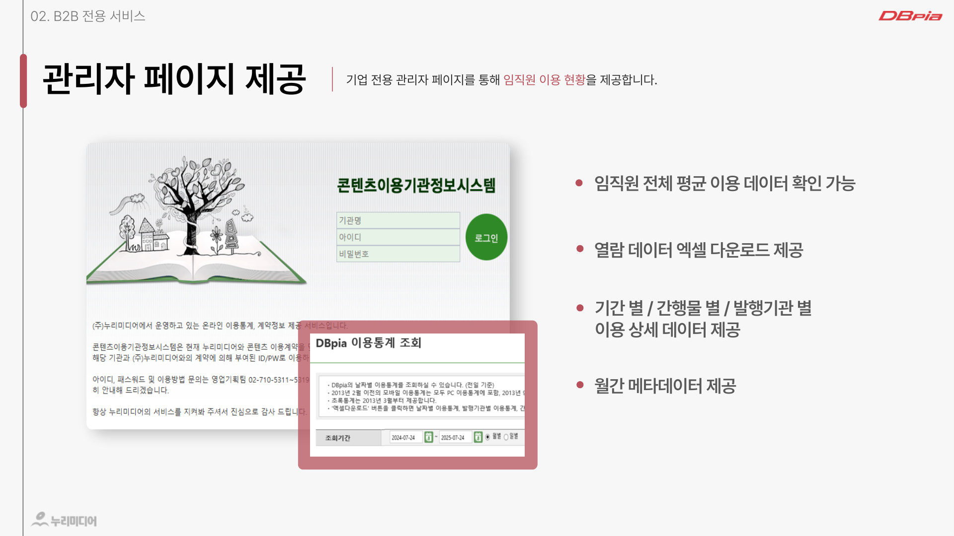 DBpia B2B 구독제안서 11페이지: 관리자 페이지